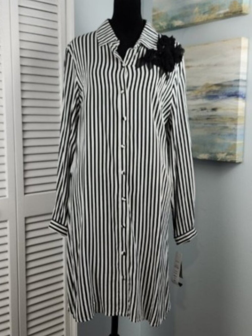 MSK Shirt Dress M NWT Black White Stripe Button Long Sleeve Flower Applique